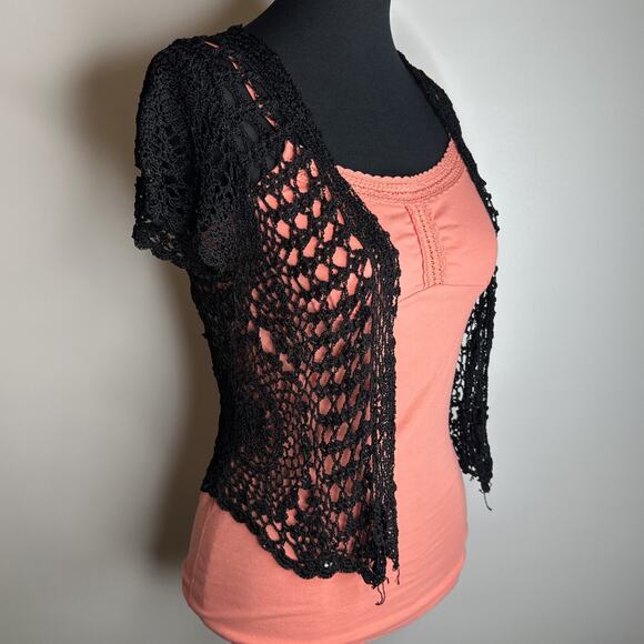 VTG Y2k BCBG Maxazria Loose Knit Crochet Short Cardigan Size L Black Whimsigoth - Picture 5 of 9